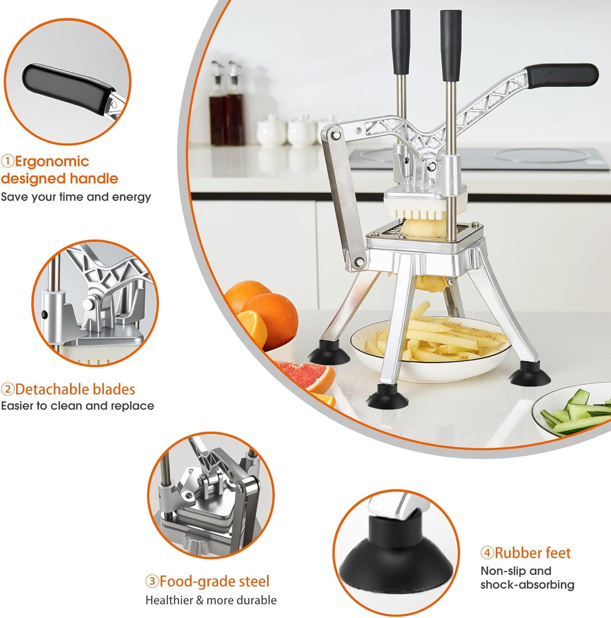 Commercial French Fry Cutter Stainless Steel Potato Cutter with 1/2,1/3,3/8 Inch Blade and 8-wedge balde, Heavy Duty Potato Slicer Manual Potato Chopper Set for Sweet Potato, Carrot, Cucumbers