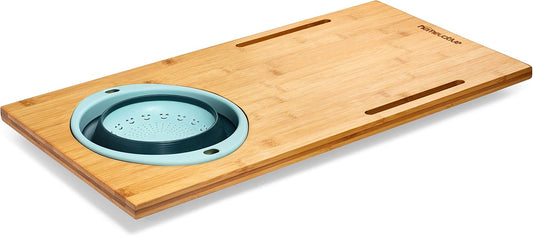 Over the Sink Bamboo Cutting Board with Collapsible/Removable Strainer and Phone Slots