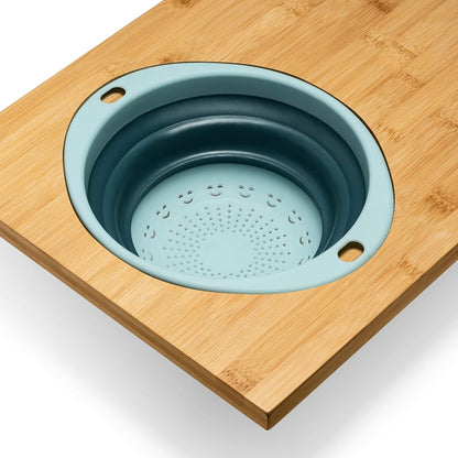 Over the Sink Bamboo Cutting Board with Collapsible/Removable Strainer and Phone Slots