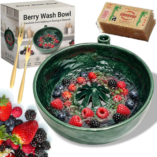 Self Spinning Berry Washing Bowl Ceramic, Automatic swirl fruit colander with drain hole, multipurpose kitchen washer for berries, fruits and vegetables (1 Pcs)