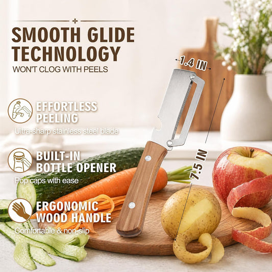 2 Pack Vegetable Peeler, Multi Functional Premium 2-in-1 Potato Peelers, with Wooden Handle & Bottle Opener, Stainless Steel Kitchen Tool for Fruit Potato Pumpkin Papaya, Pare Necessary Kitchen Tools
