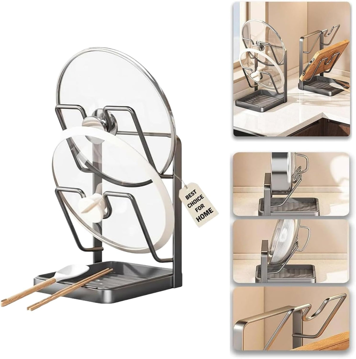 Kitchen Pot Lid Storage Rack, Pot Lid Holder for Countertop, Pot Lid Organizer Rack with Tray, Lid And Spoon Rest, Multifunctional Stand for Stove Top Kitchen Accessories (Gray, Double-layer)