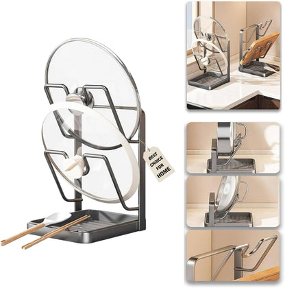 Kitchen Pot Lid Storage Rack, Pot Lid Holder for Countertop, Pot Lid Organizer Rack with Tray, Lid And Spoon Rest, Multifunctional Stand for Stove Top Kitchen Accessories (Gray, Double-layer)
