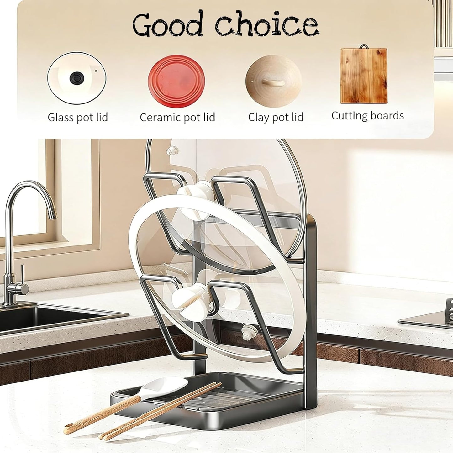 Kitchen Pot Lid Storage Rack, Pot Lid Holder for Countertop, Pot Lid Organizer Rack with Tray, Lid And Spoon Rest, Multifunctional Stand for Stove Top Kitchen Accessories (Gray, Double-layer)