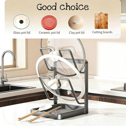 Kitchen Pot Lid Storage Rack, Pot Lid Holder for Countertop, Pot Lid Organizer Rack with Tray, Lid And Spoon Rest, Multifunctional Stand for Stove Top Kitchen Accessories (Gray, Double-layer)