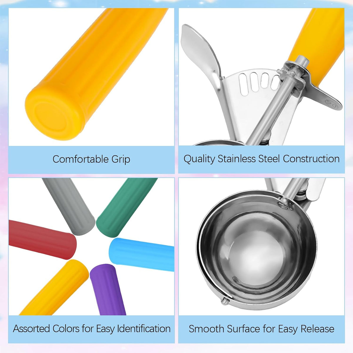 6 Pcs Ice Cream Scoops Stainless Steel Cookie Portion Scoop with Handle for Baking Food Cookie Dough Cupcake Batter (Multi Color,40mm to 70mm)
