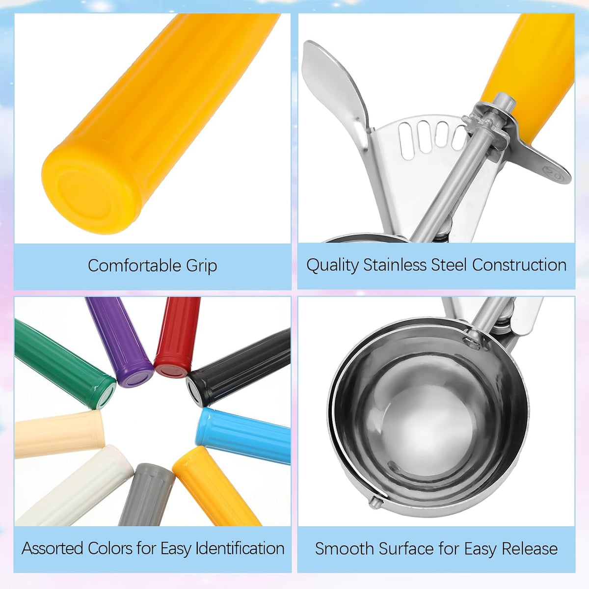 6 Pcs Ice Cream Scoops Stainless Steel Cookie Portion Scoop with Handle for Baking Food Cookie Dough Cupcake Batter (Multi Color,40mm to 70mm)