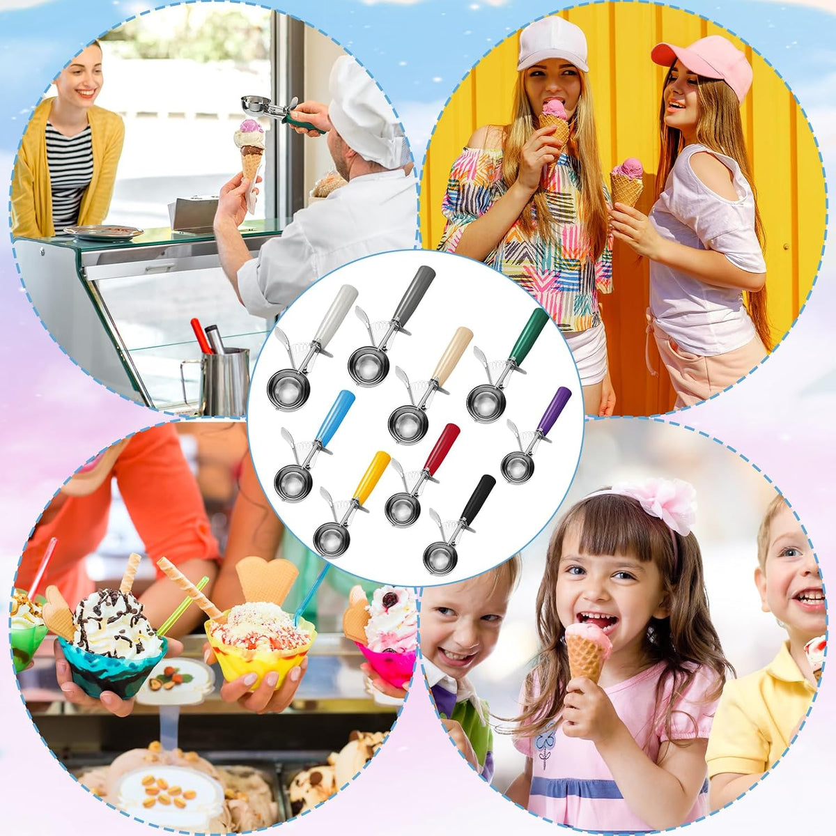 6 Pcs Ice Cream Scoops Stainless Steel Cookie Portion Scoop with Handle for Baking Food Cookie Dough Cupcake Batter (Multi Color,40mm to 70mm)