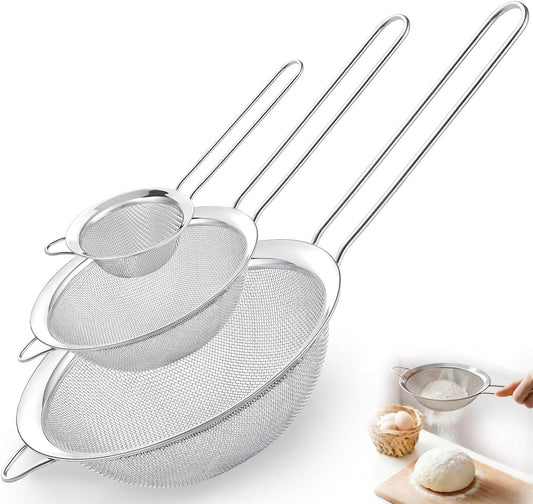 Fine Mesh Strainer Set of 3, Stainless Steel Sieve Sifters with handle, Medium Small Mini Size, Kitchen Strainers Colander Set for Sifting, Straining & Cooking(2.2"/3.9"/5.5")