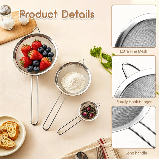 Fine Mesh Strainer Set of 3, Stainless Steel Sieve Sifters with handle, Medium Small Mini Size, Kitchen Strainers Colander Set for Sifting, Straining & Cooking(2.2"/3.9"/5.5")
