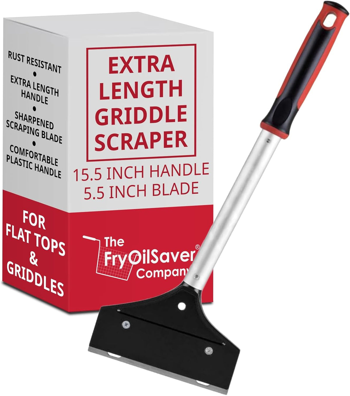 Heavy Duty Griddle Scraper for Flat Top Grills – 15.5” Long Handle Cleaning Tool w/ 5.5” Replaceable Flat Stainless Steel Blade - Removes Burnt-On Food & Grease - by FryOilSaver Co. - 90018