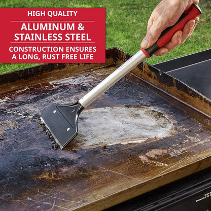 Heavy Duty Griddle Scraper for Flat Top Grills – 15.5” Long Handle Cleaning Tool w/ 5.5” Replaceable Flat Stainless Steel Blade - Removes Burnt-On Food & Grease - by FryOilSaver Co. - 90018