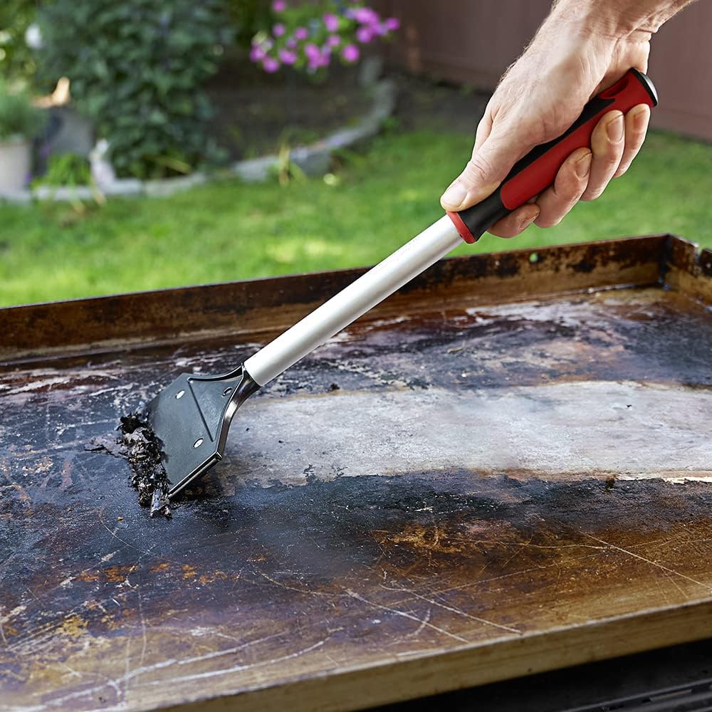Heavy Duty Griddle Scraper for Flat Top Grills – 15.5” Long Handle Cleaning Tool w/ 5.5” Replaceable Flat Stainless Steel Blade - Removes Burnt-On Food & Grease - by FryOilSaver Co. - 90018