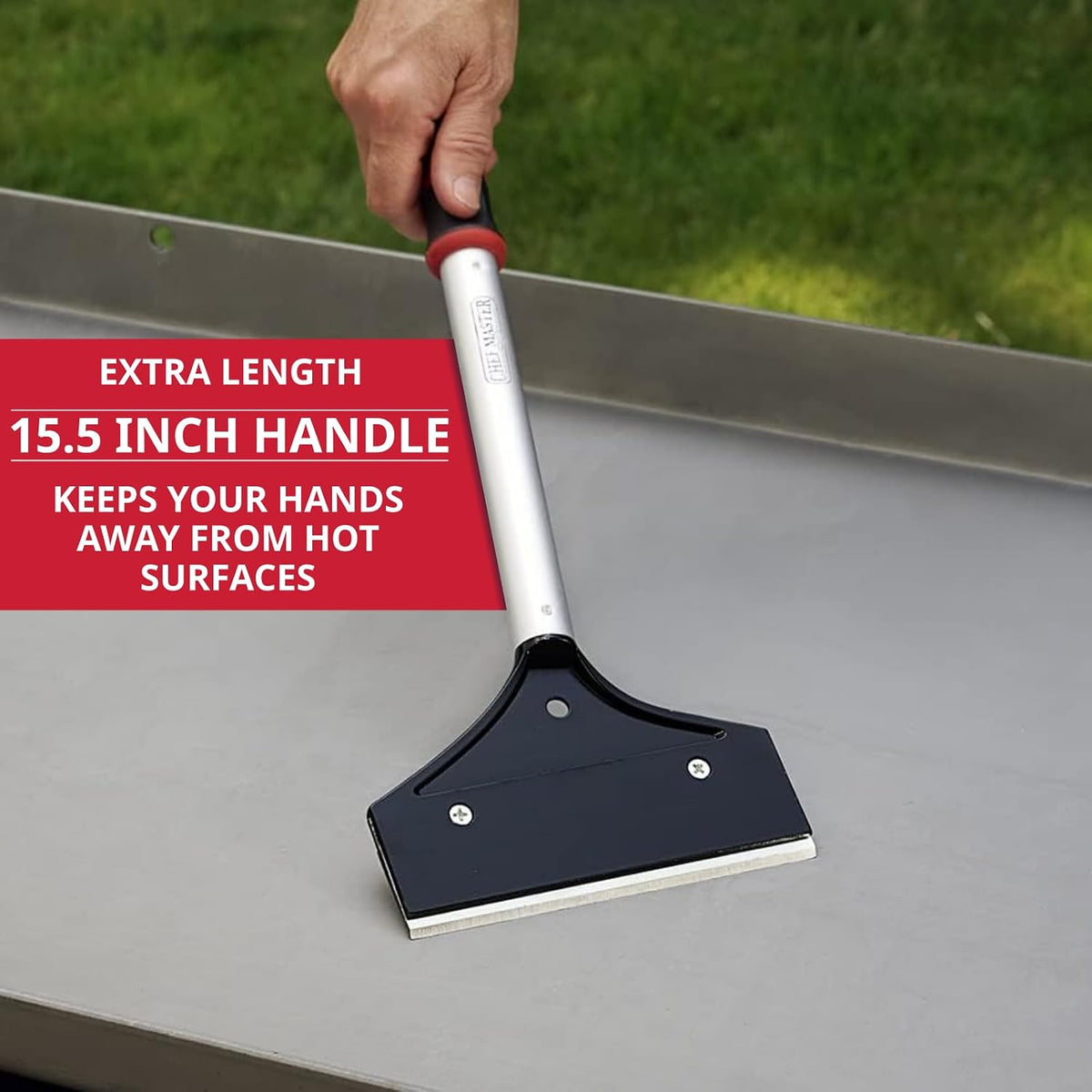 Heavy Duty Griddle Scraper for Flat Top Grills – 15.5” Long Handle Cleaning Tool w/ 5.5” Replaceable Flat Stainless Steel Blade - Removes Burnt-On Food & Grease - by FryOilSaver Co. - 90018
