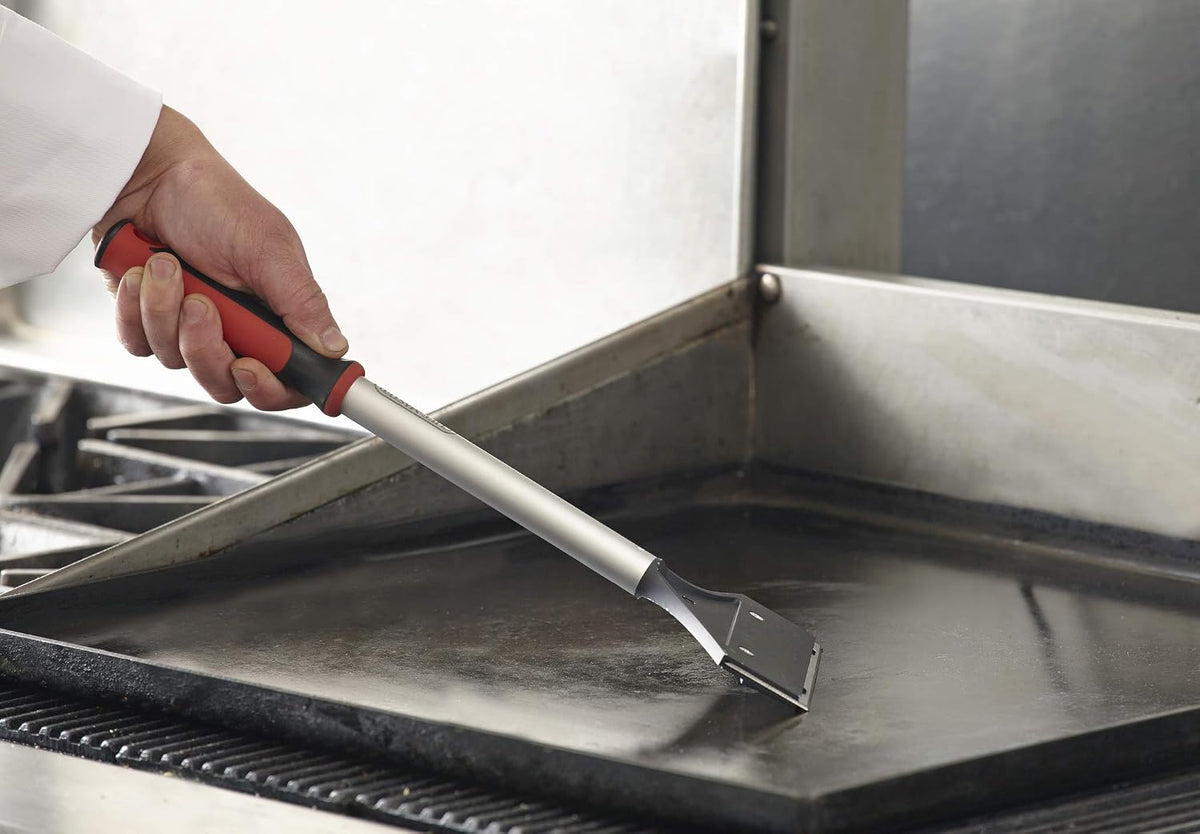 Heavy Duty Griddle Scraper for Flat Top Grills – 15.5” Long Handle Cleaning Tool w/ 5.5” Replaceable Flat Stainless Steel Blade - Removes Burnt-On Food & Grease - by FryOilSaver Co. - 90018