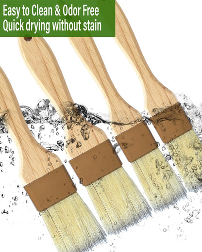Pastry Basting Brush Natural Bristle - Food Grade Wooden Handle, Heat Resistant 660°F, Non-Shedding & Durable Kitchen Utensils for Cooking, Baking, Butter, BBQ, Oil Sauce & Egg Wash (1", 1.5", 4 Pack)