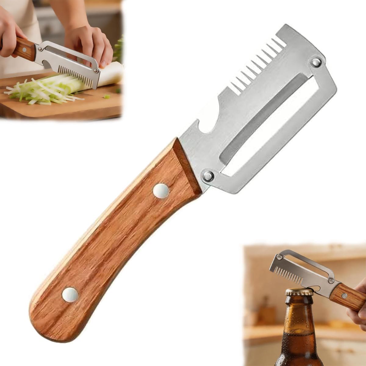 3-in-1 Upgraded Vegetable Peeler with Grater and Bottle Opener, Stainless Steel Kitchen Peeler, Zero Snag Wooden Peeler for Fruits and Vegetables