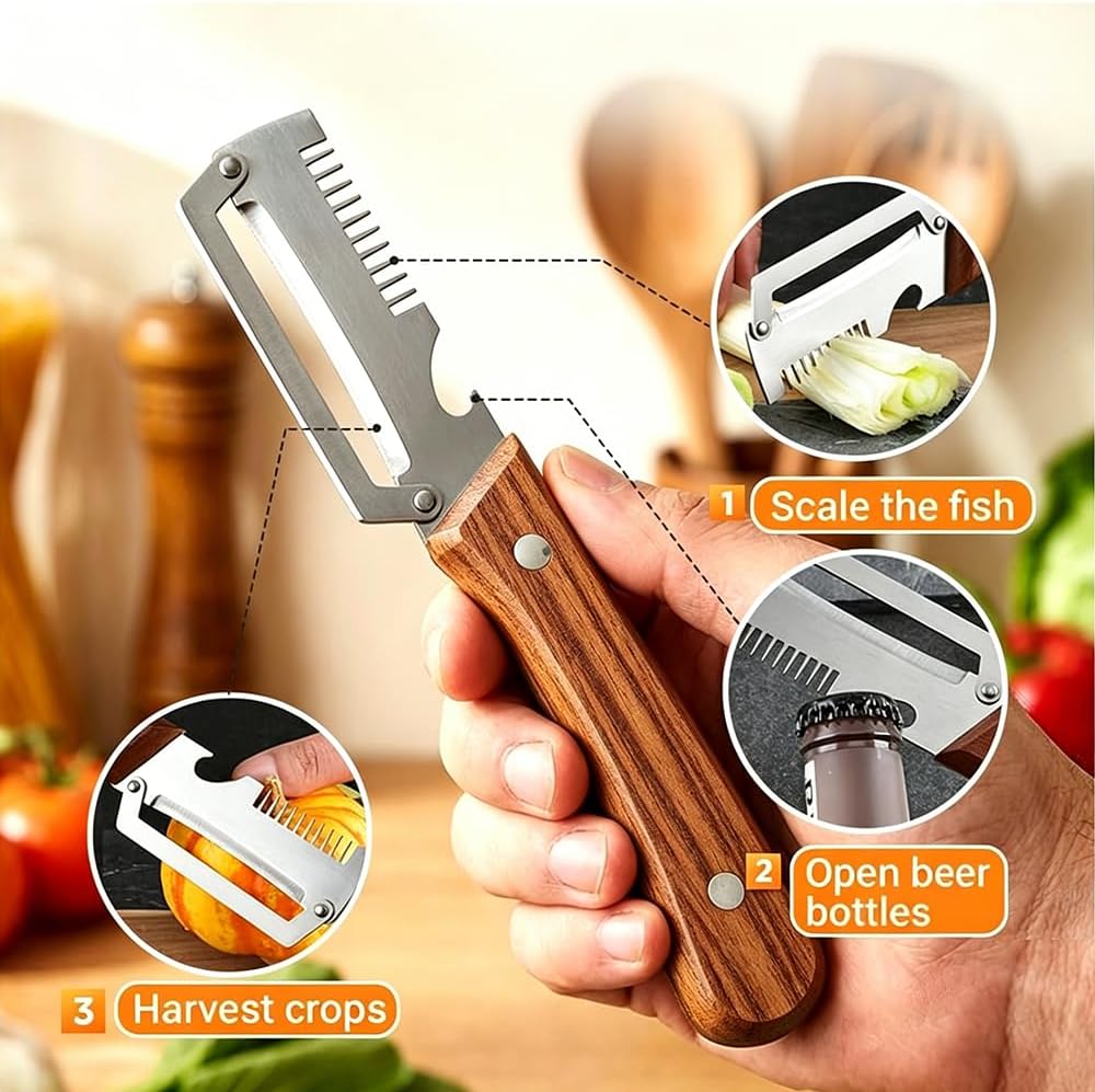3-in-1 Upgraded Vegetable Peeler with Grater and Bottle Opener, Stainless Steel Kitchen Peeler, Zero Snag Wooden Peeler for Fruits and Vegetables