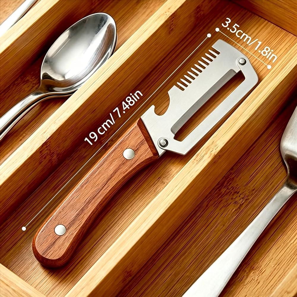 3-in-1 Upgraded Vegetable Peeler with Grater and Bottle Opener, Stainless Steel Kitchen Peeler, Zero Snag Wooden Peeler for Fruits and Vegetables