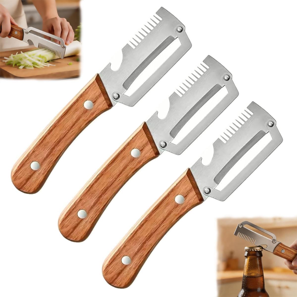 3-in-1 Upgraded Vegetable Peeler with Grater and Bottle Opener, Stainless Steel Kitchen Peeler, Zero Snag Wooden Peeler for Fruits and Vegetables