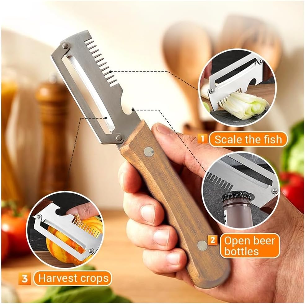 3-in-1 Upgraded Vegetable Peeler with Grater and Bottle Opener, Stainless Steel Kitchen Peeler, Zero Snag Wooden Peeler for Fruits and Vegetables