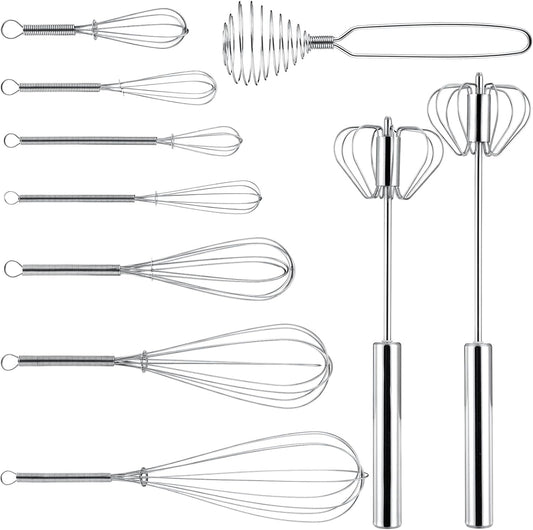 10 Pcs Stainless Steel Whisks Set Egg Beater Semi Auto Whisk Blender Hand Push Beater Versatile Utensil for Kitchen Mixing Blending Beating Stirring Cooking 3 5 6 7 8 10 12 Inch