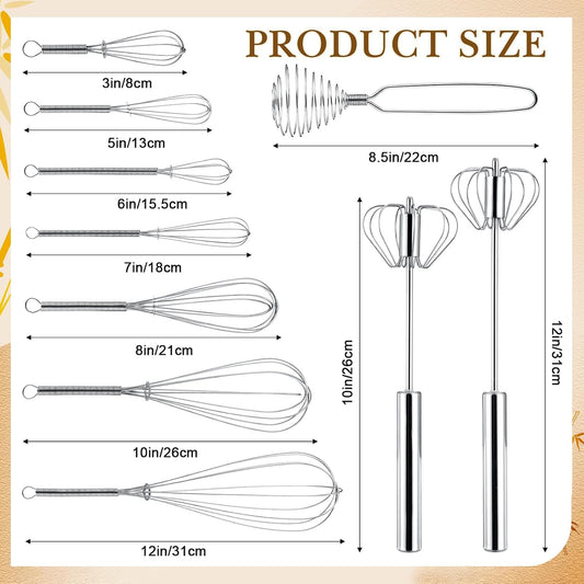 10 Pcs Stainless Steel Whisks Set Egg Beater Semi Auto Whisk Blender Hand Push Beater Versatile Utensil for Kitchen Mixing Blending Beating Stirring Cooking 3 5 6 7 8 10 12 Inch