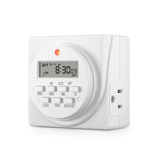 Indoor Digital Timer Outlet, Dual Outlet 7 Day Programmable Light Switch, 3 Prong Plug in Timers for Electrical Outlets, Lamps, Fans, 8 On/Off Programs, 1 Pack, 15A/1875W, ETL Listed