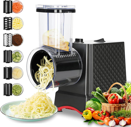 Electric Cheese Grater, 250W Cheese Shredder Machine with 6 Stainless Steel Blades, One-Touch Electric Food Slicer for Cheese, Vegetables, Potatoes, Nuts and Meal Prep, Easy to Clean