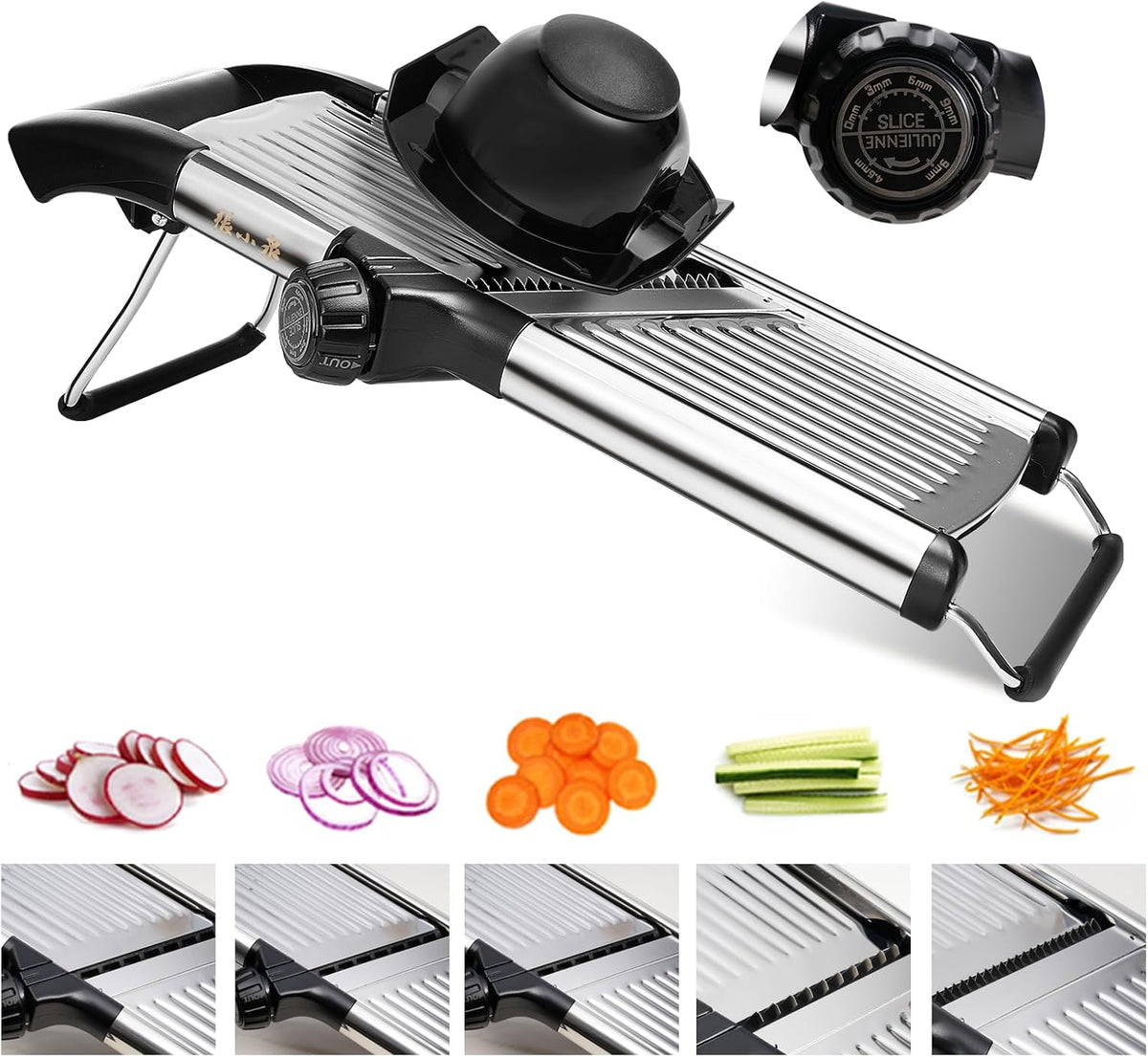Adjustable Mandoline Slicer 5-in-1 Stainless Steel Vegetable Cutter with Ultra Sharp Blades, Julienne Slicer & Shredder for Potato, Onion
