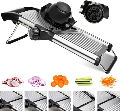Adjustable Mandoline Slicer 5-in-1 Stainless Steel Vegetable Cutter with Ultra Sharp Blades, Julienne Slicer & Shredder for Potato, Onion