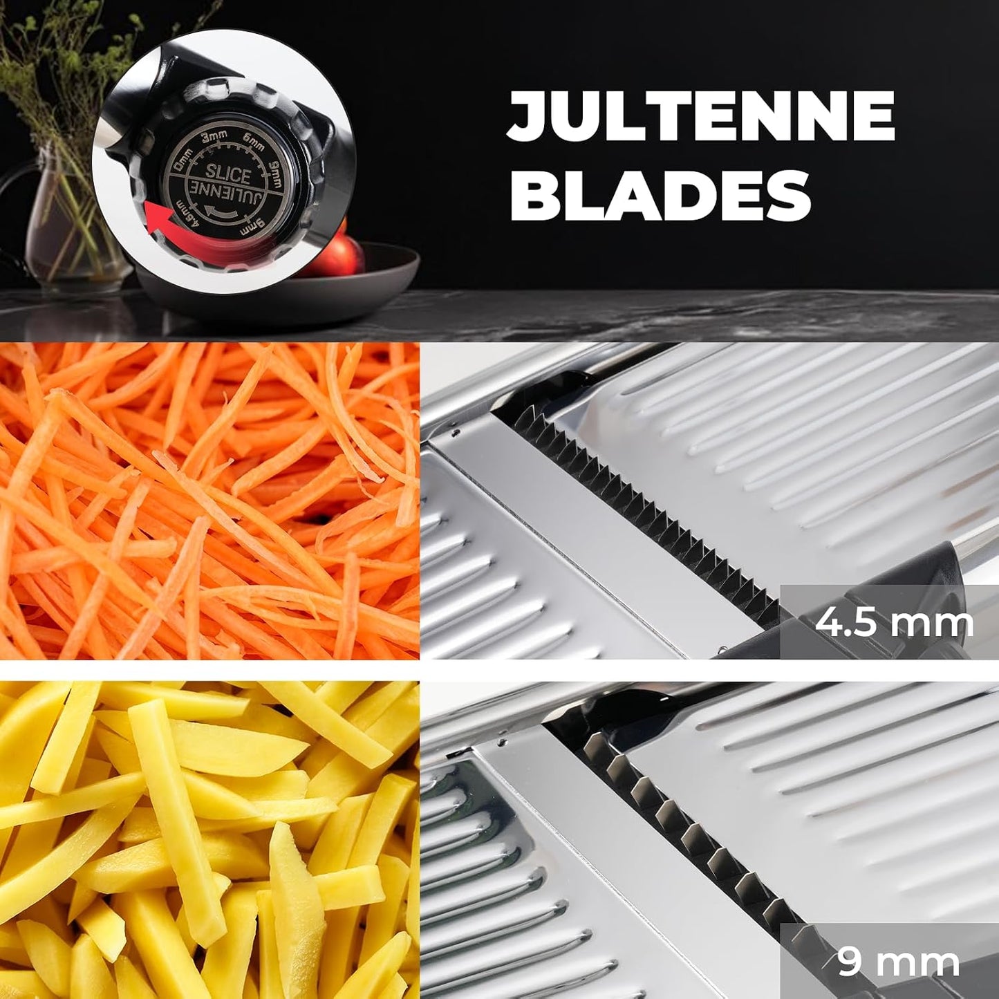 Adjustable Mandoline Slicer 5-in-1 Stainless Steel Vegetable Cutter with Ultra Sharp Blades, Julienne Slicer & Shredder for Potato, Onion