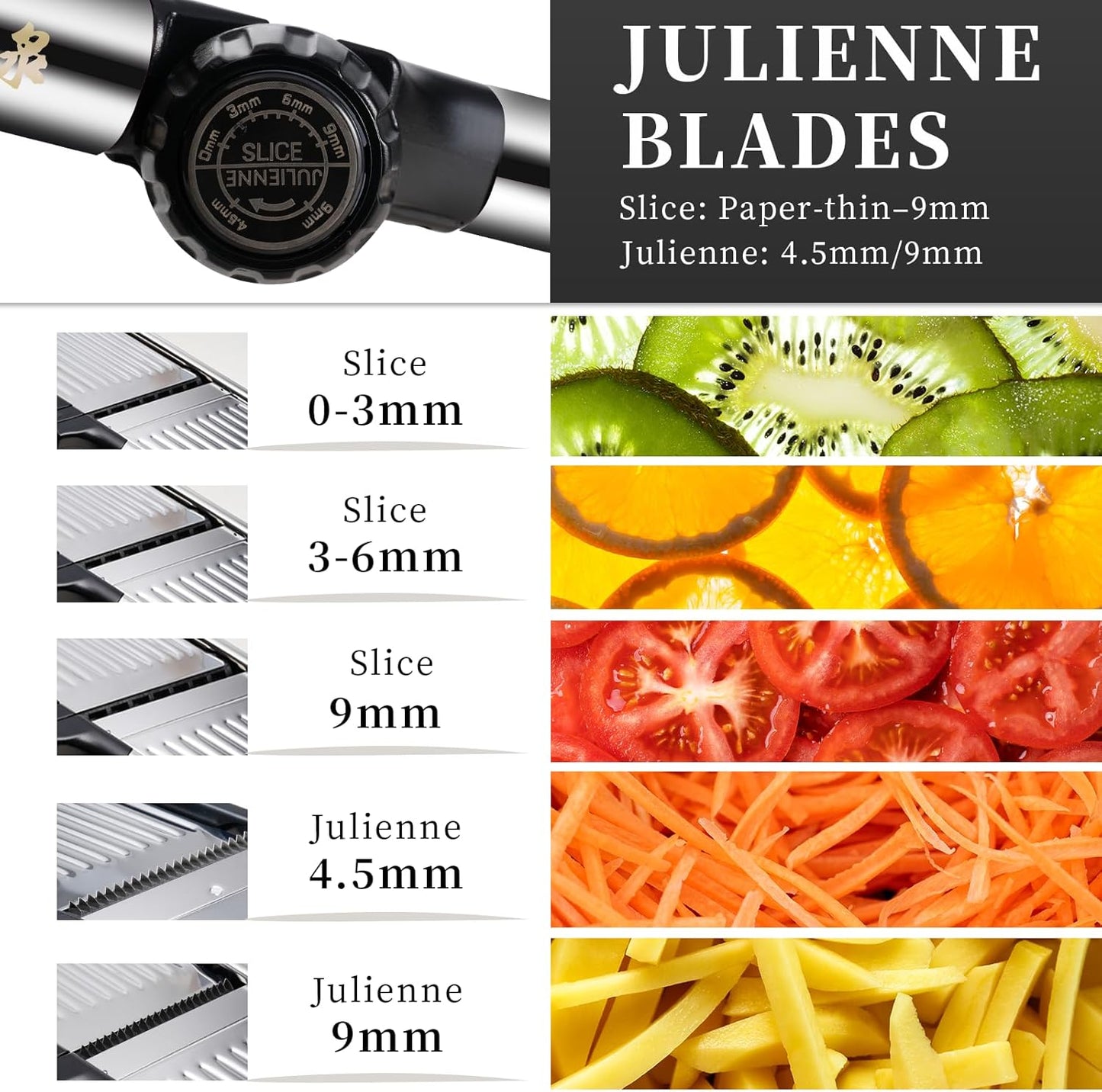 Adjustable Mandoline Slicer 5-in-1 Stainless Steel Vegetable Cutter with Ultra Sharp Blades, Julienne Slicer & Shredder for Potato, Onion
