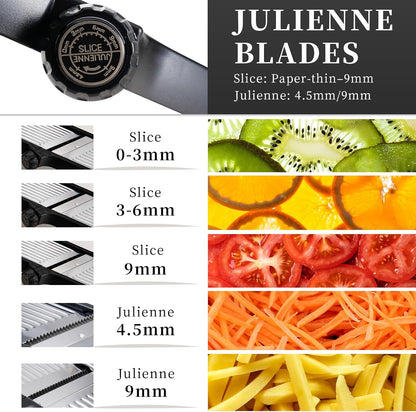 Adjustable Mandoline Slicer 5-in-1 Stainless Steel Vegetable Cutter with Ultra Sharp Blades, Julienne Slicer & Shredder for Potato, Onion