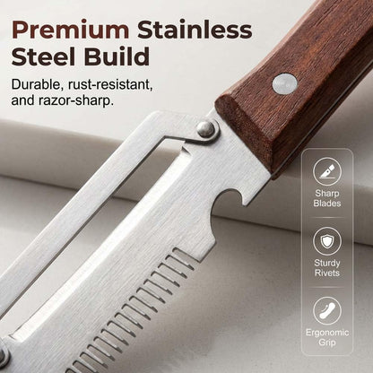 Multifunctional Vegetable Peeler with Sharp Stainless Steel Blade & Wooden Handle, 2-in-1 Kitchen Tool with Bottle Opener, Efficient Peeling for Vegetables & Fruits (2 PCS)