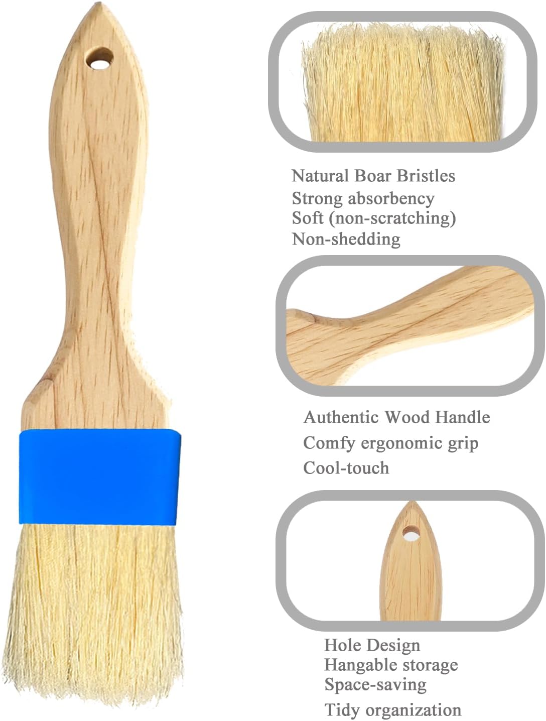 Pastry Basting Brush - Food Grade, Non-Shedding Natural Bristle, Heat Resistant Wooden Handle, Durable Kitchen Tool for Baking, Cooking, Butter, Egg Wash, Glazing, Oil, Sauce (Set of 2, 1.5", Blue)