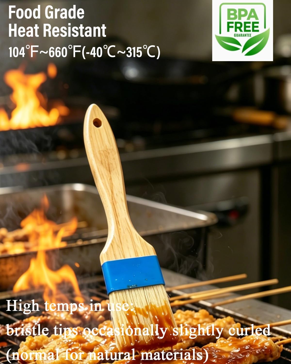 Pastry Basting Brush - Food Grade, Non-Shedding Natural Bristle, Heat Resistant Wooden Handle, Durable Kitchen Tool for Baking, Cooking, Butter, Egg Wash, Glazing, Oil, Sauce (Set of 2, 1.5", Blue)