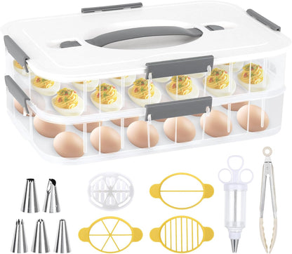 2-Layer Deviled Egg Containers with Lid for 36 Eggs | Storage Egg Tray with Handle for Refrigerator fridge, Easter, with Slicer Kitchen Tongs Piping Decorating Kit