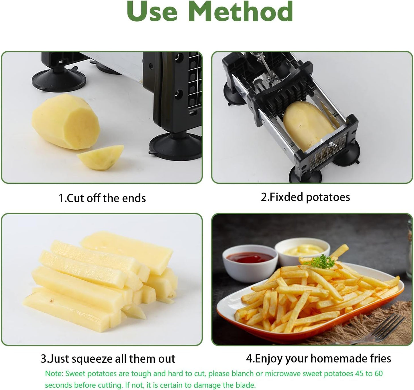 French Fry Cutter Potato Cutter Stainless Steel with 2 Size Durable Blades for Vegetables, Potato, Onions, Carrots, Cucumbers, Fruits, Apples