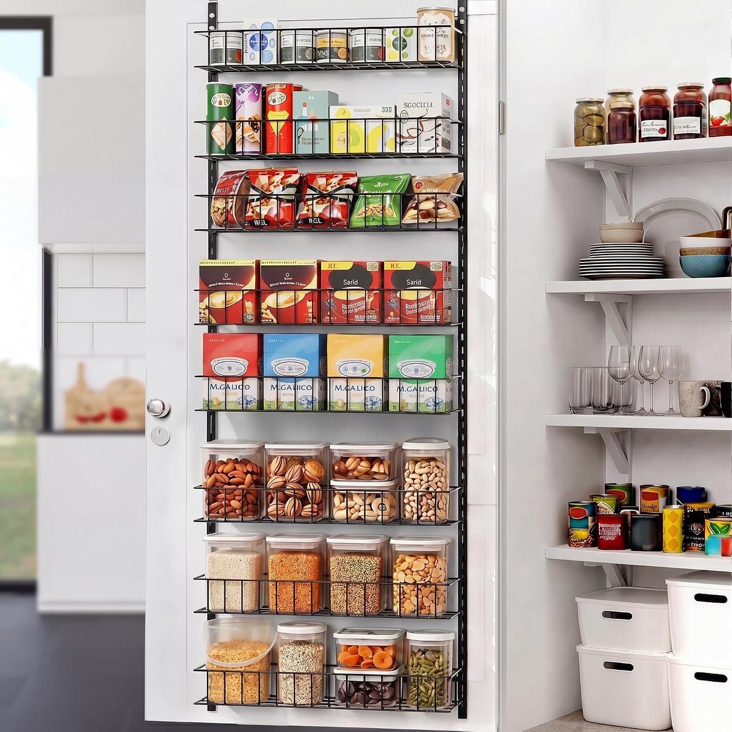 8-Tier Pantry Door Organizer, Black | Over The Door, Hanging Spice Rack Shelves, Home Office Laundry Room Bathroom & Kitchen, Storage Rack