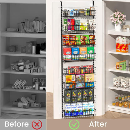 8-Tier Pantry Door Organizer, Black | Over The Door, Hanging Spice Rack Shelves, Home Office Laundry Room Bathroom & Kitchen, Storage Rack