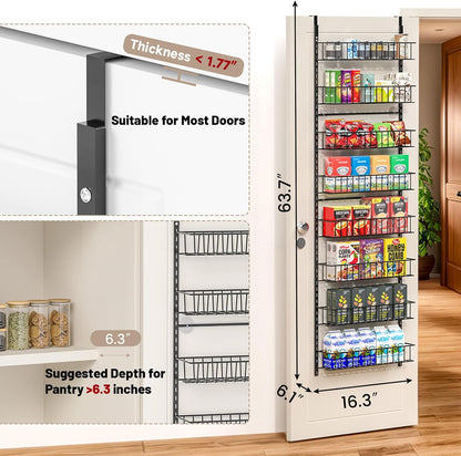 8-Tier Pantry Door Organizer, Black | Over The Door, Hanging Spice Rack Shelves, Home Office Laundry Room Bathroom & Kitchen, Storage Rack