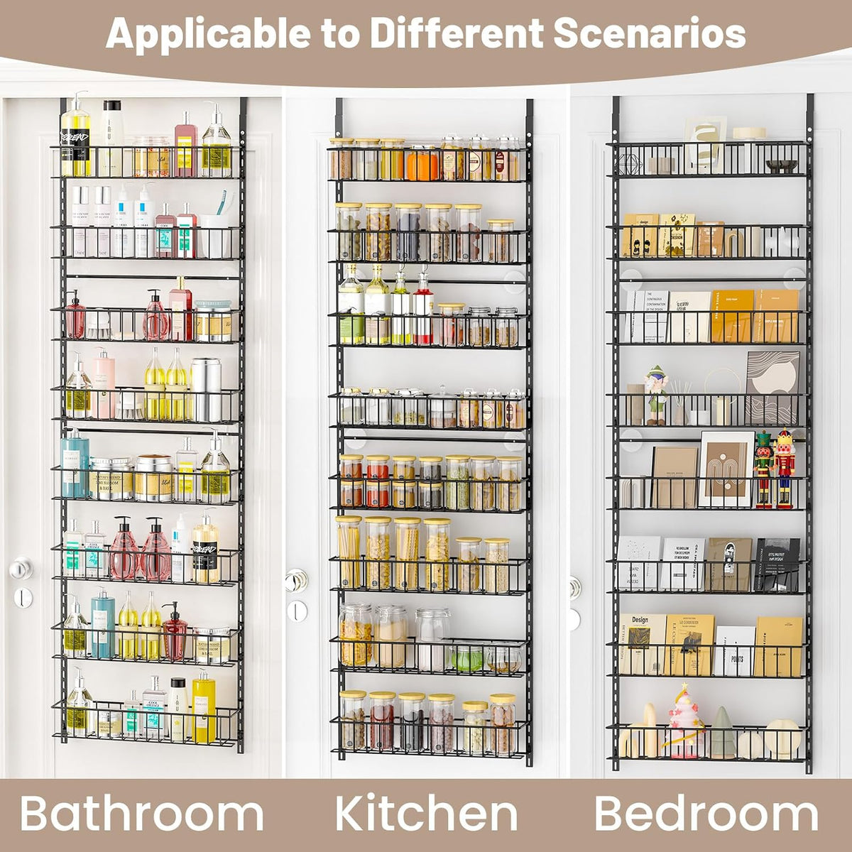 8-Tier Pantry Door Organizer, Black | Over The Door, Hanging Spice Rack Shelves, Home Office Laundry Room Bathroom & Kitchen, Storage Rack
