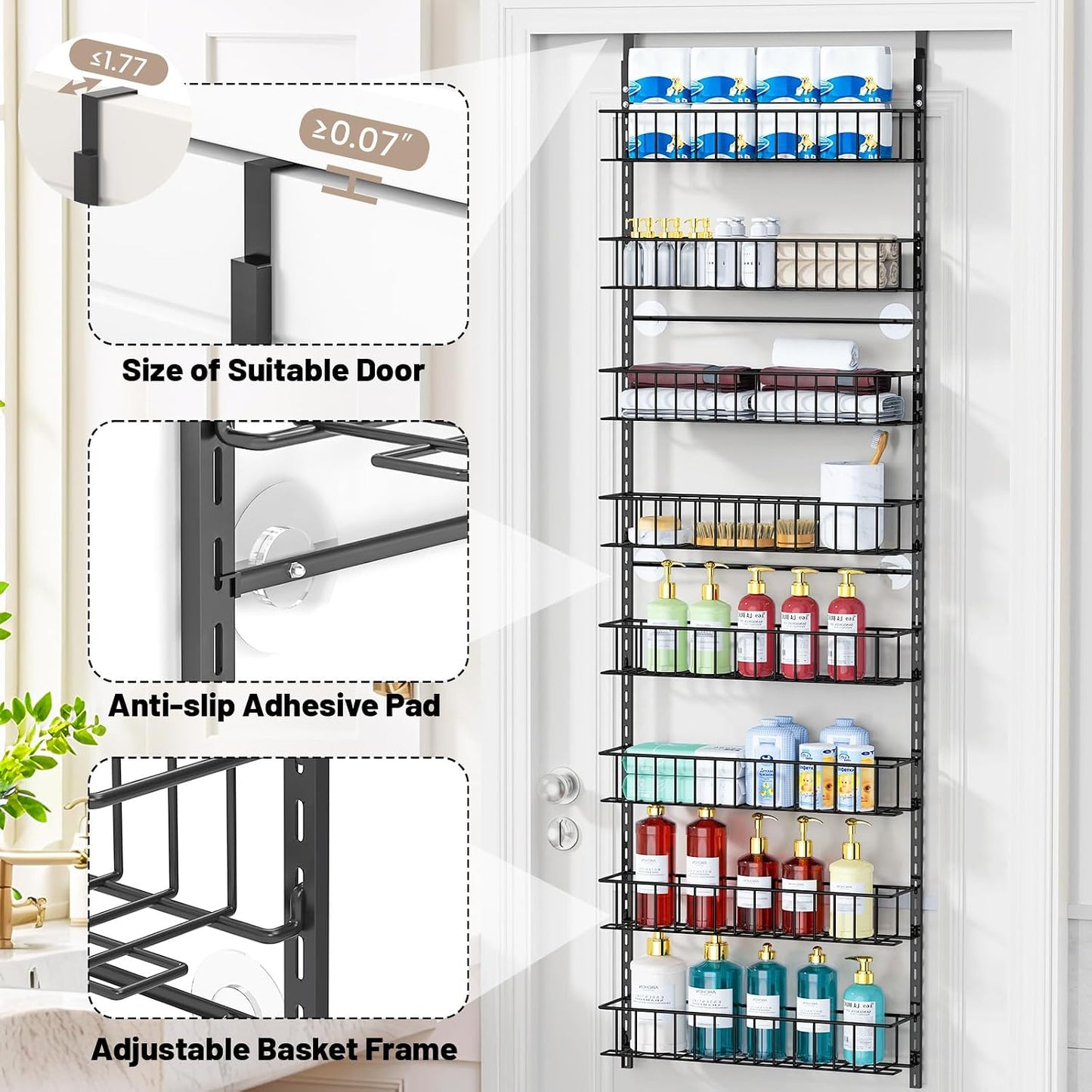8-Tier Pantry Door Organizer, Black | Over The Door, Hanging Spice Rack Shelves, Home Office Laundry Room Bathroom & Kitchen, Storage Rack