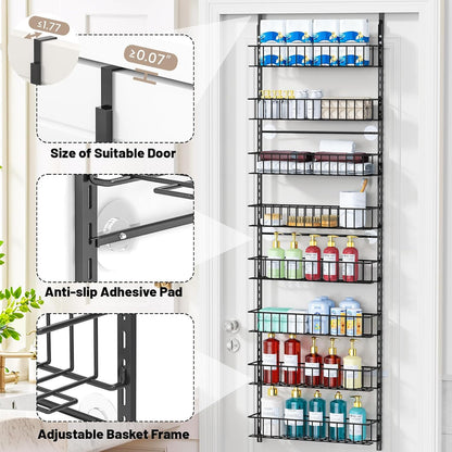 8-Tier Pantry Door Organizer, Black | Over The Door, Hanging Spice Rack Shelves, Home Office Laundry Room Bathroom & Kitchen, Storage Rack
