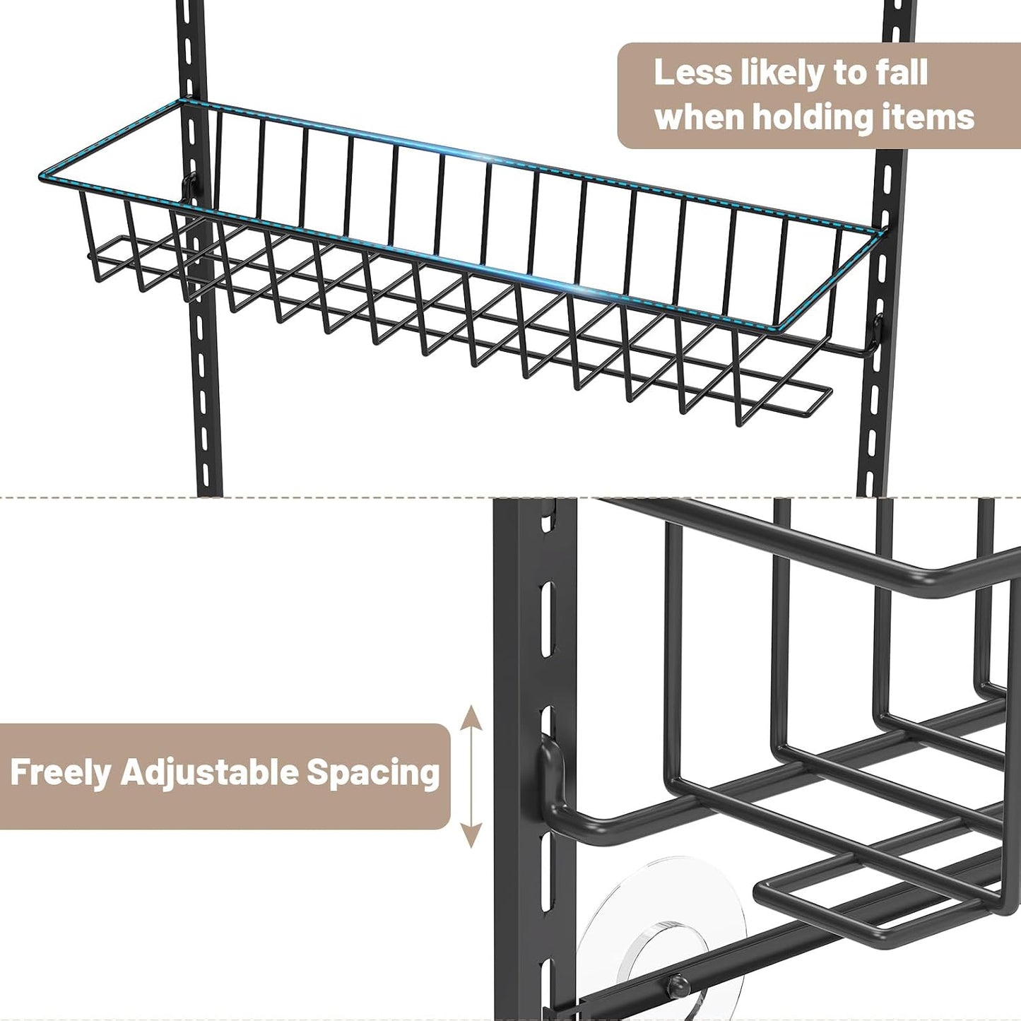 8-Tier Pantry Door Organizer, Black | Over The Door, Hanging Spice Rack Shelves, Home Office Laundry Room Bathroom & Kitchen, Storage Rack