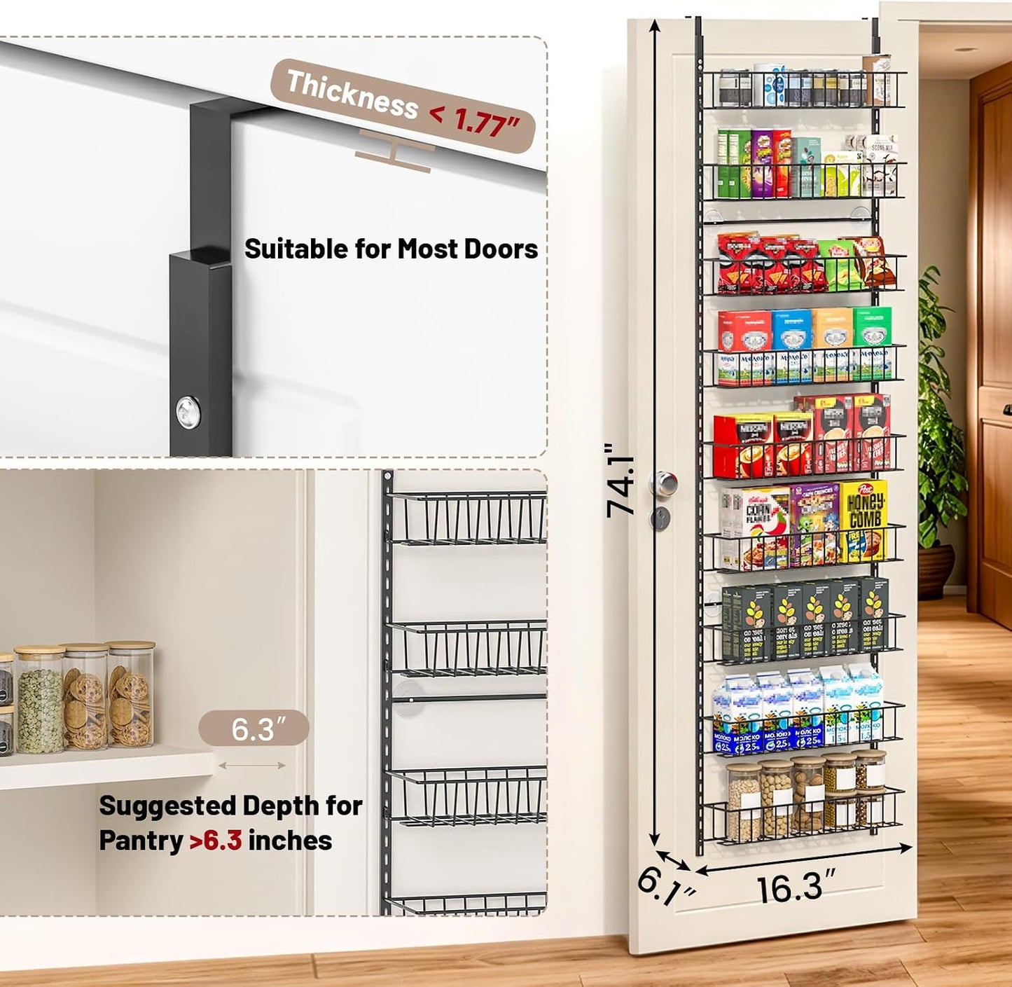 8-Tier Pantry Door Organizer, Black | Over The Door, Hanging Spice Rack Shelves, Home Office Laundry Room Bathroom & Kitchen, Storage Rack