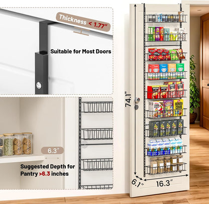 8-Tier Pantry Door Organizer, Black | Over The Door, Hanging Spice Rack Shelves, Home Office Laundry Room Bathroom & Kitchen, Storage Rack