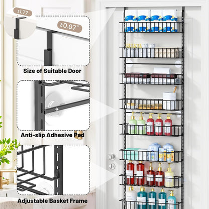 8-Tier Pantry Door Organizer, Black | Over The Door, Hanging Spice Rack Shelves, Home Office Laundry Room Bathroom & Kitchen, Storage Rack