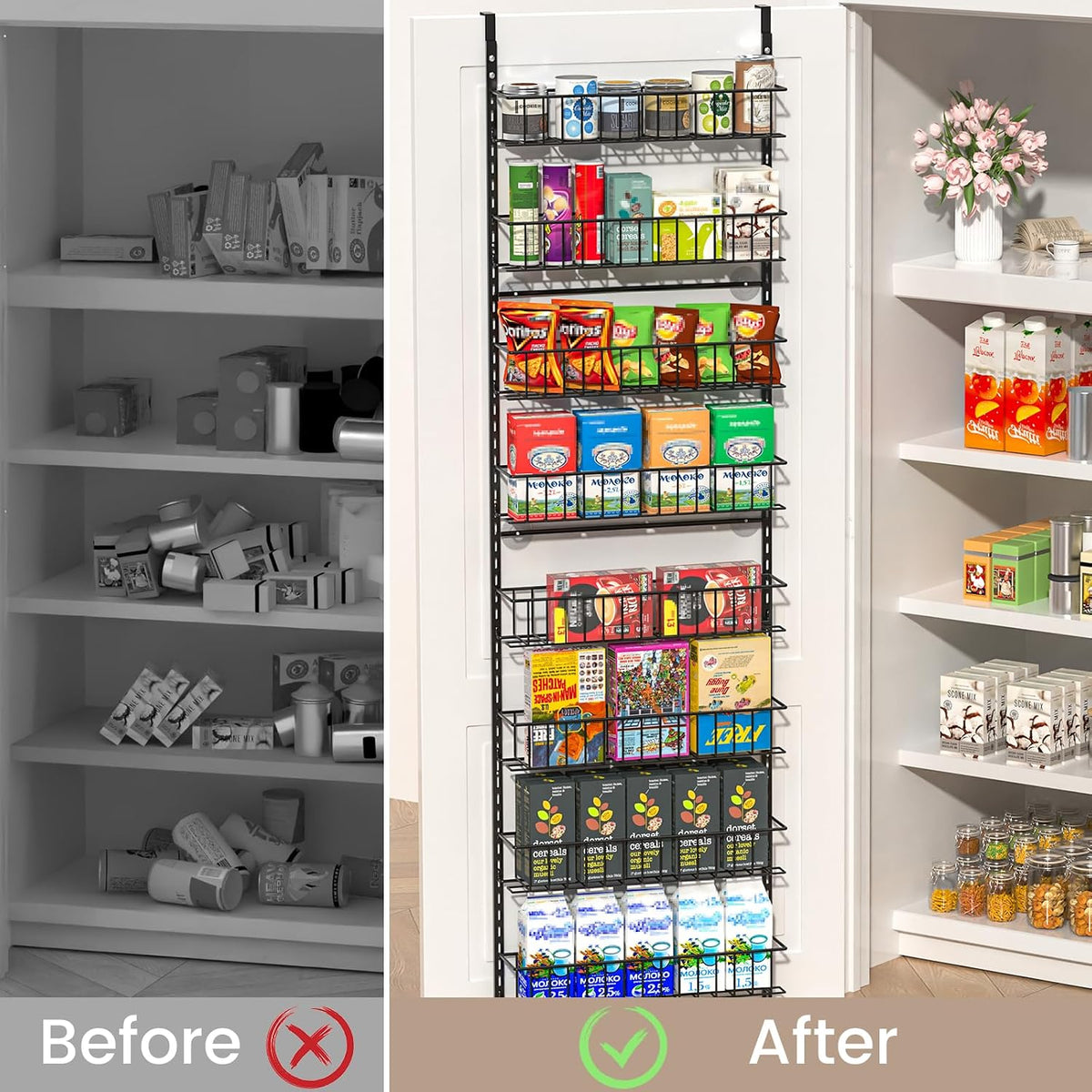 8-Tier Pantry Door Organizer, Black | Over The Door, Hanging Spice Rack Shelves, Home Office Laundry Room Bathroom & Kitchen, Storage Rack